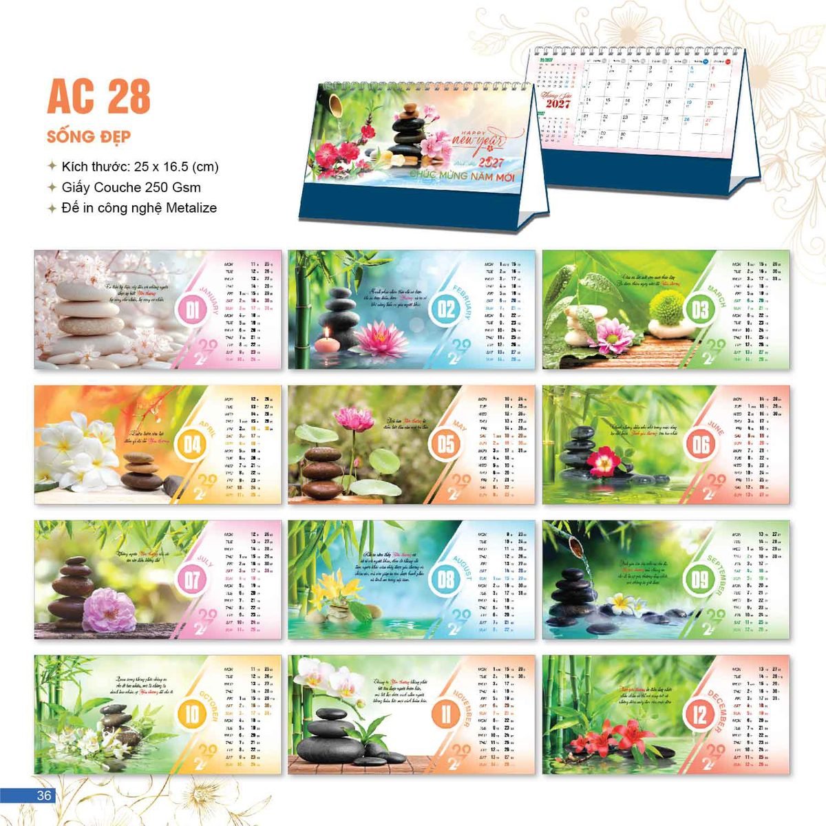 Lịch Bloc 2027 AC Mẫu AC28 - Sống Đẹp (25 x 16 cm) Xưởng In Ép Kim Nhũ Vàng Tận Gốc Lịch Bloc 2027 AC Mẫu AC28 - Sống Đẹp (25 x 16 cm) Xưởng In Ép Kim Nhũ Vàng Tận Gốc in logo doanh nghiệp quà tặng Tết tại Xưởng Quà Tặng Quang Vũ