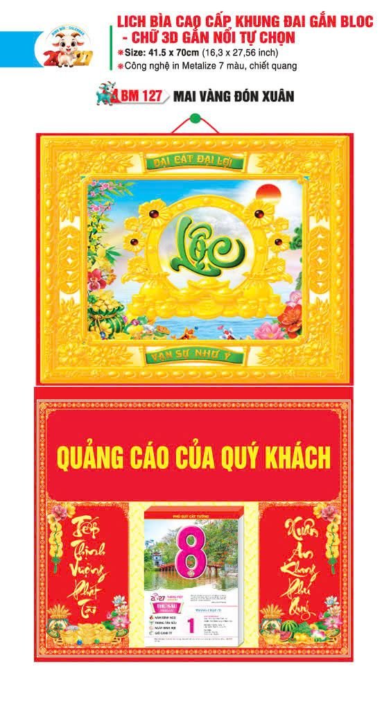 Bìa Lịch Treo Khung Đại Gắn Bloc BM 2027 BM127 - Mai Vàng Đón Xuân - Quà Tặng Quang Vũ
