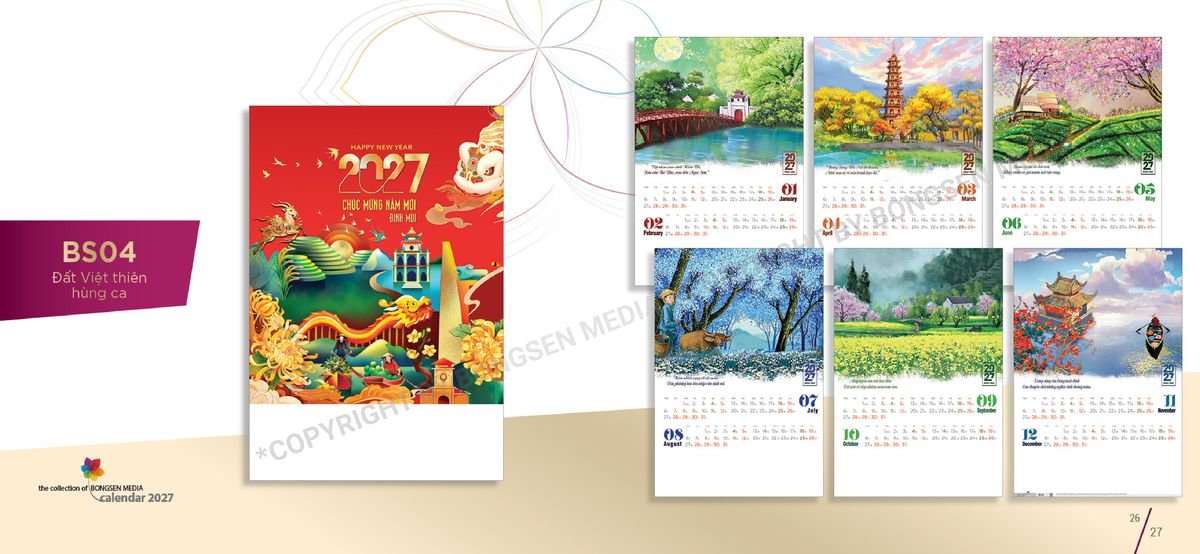 Lịch Bloc Siêu Cực Đại 2027 BS14 Xưởng In Ép Kim Nhũ Vàng Tận Gốc