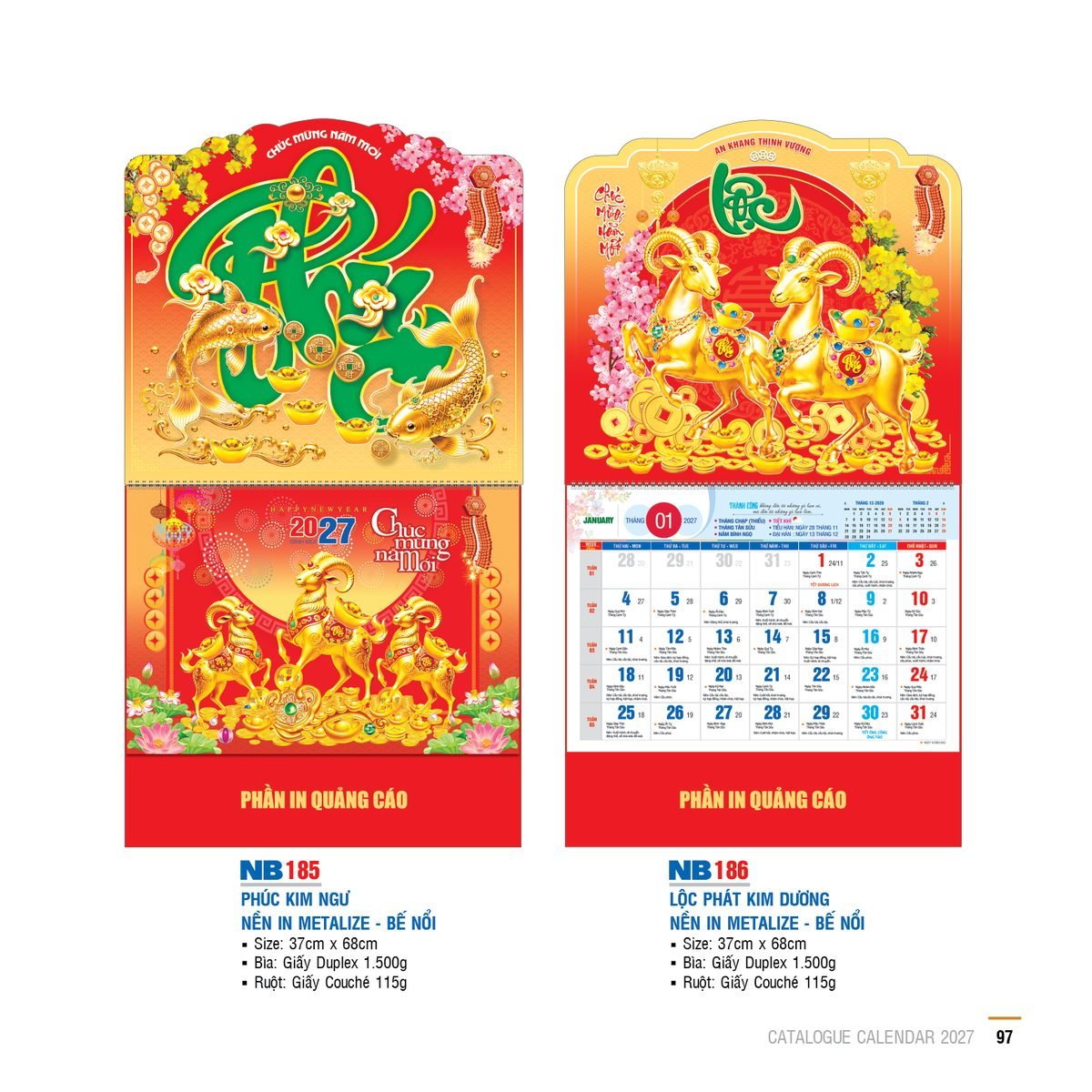 Lịch Bìa Treo 2027 NB Mẫu NB185 (29 x 41 cm) Xưởng In Ép Kim Nhũ Vàng Tận Gốc Lịch Bìa Treo 2027 NB Mẫu NB185 (29 x 41 cm) Xưởng In Ép Kim Nhũ Vàng Tận Gốc in logo doanh nghiệp quà tặng Tết tại Xưởng Quà Tặng Quang Vũ