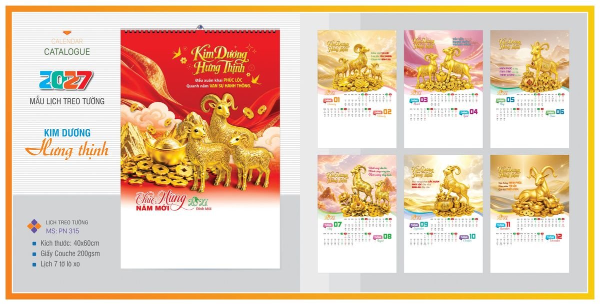 Lịch 7 Tờ Lò Xo TPNLX05 Xưởng In Ép Kim Nhũ Vàng Tận Gốc