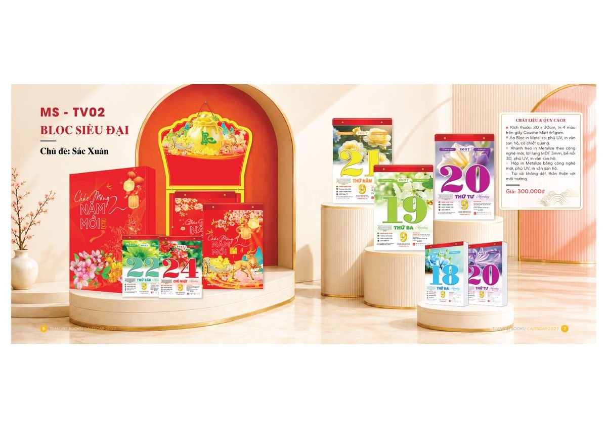 Lịch Bloc Cực Đại 2027 TV02 Xưởng In Ép Kim Nhũ Vàng Tận Gốc