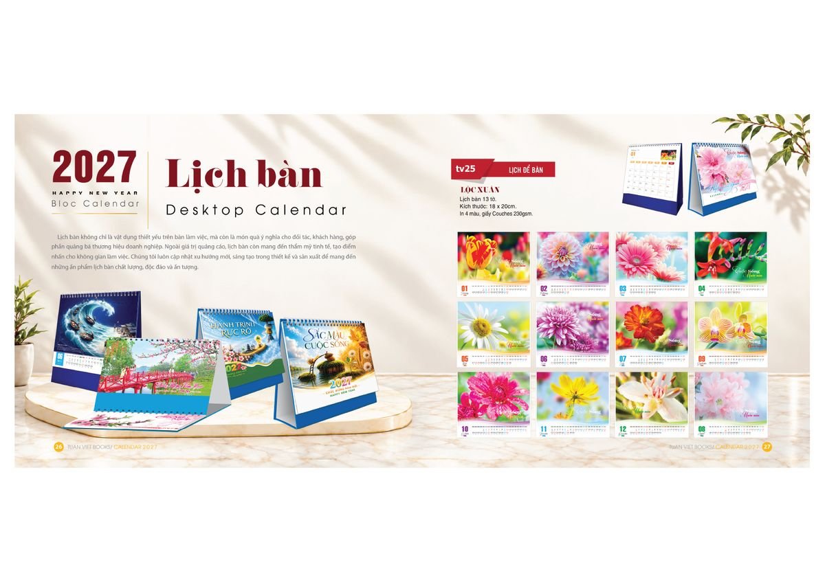 Lịch Bìa Treo Gắn Bloc 2027 TV14 Xưởng In Ép Kim Nhũ Vàng Tận Gốc